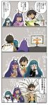  2girls 4koma :d :o ahoge animal_ears asaya_minoru bangs beamed_eighth_notes black_gloves black_shirt blush book bouquet brown_eyes brown_hair chin_stroking cleopatra_(fate/grand_order) comic dark_skin earrings egyptian egyptian_clothes eighth_note eyebrows_visible_through_hair facial_mark fate/grand_order fate/prototype fate/prototype:_fragments_of_blue_and_silver fate_(series) flat_screen_tv flower gloves green_eyes green_hair hair_between_eyes hands_on_hips hands_on_own_face headband holding holding_book holding_bouquet hoop_earrings jackal_ears jewelry long_hair long_sleeves makeup mascara medjed multiple_girls musical_note nitocris_(fate/grand_order) nose_blush open_mouth ozymandias_(fate) purple_eyes purple_hair quarter_note reading red_flower red_rose rose shirt smile sparkle sweat television translation_request trembling twitter_username very_long_hair 
