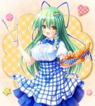  :d alternate_costume basket blue_bow blue_ribbon bow bowtie bread commentary_request doughnut eyes_visible_through_hair food frog_hair_ornament hair_between_eyes hair_ornament hair_ribbon hairclip highres kobeya kochiya_sanae koubeya_uniform long_hair looking_at_viewer open_mouth osashin_(osada) ribbon short_sleeves smile snake_hair_ornament solo touhou underbust yellow_eyes 