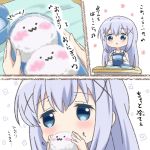  :3 blue_eyes blue_hair blush chibi comic commentary_request desk eating food gochuumon_wa_usagi_desu_ka? hair_ornament hairband highres kafuu_chino long_hair musical_note obentou onigiri school_desk suisei_aaru translation_request x_hair_ornament 