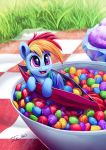  2018 digital_media_(artwork) equine feathered_wings feathers female feral friendship_is_magic grass hair hi_res hooves mammal micro multicolored_hair my_little_pony open_mouth outside pegasus rainbow_dash_(mlp) rainbow_hair skittles solo tsitra360 wings 
