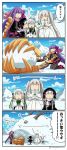  4girls 4koma :d :o ^_^ asaya_minoru bangs bell beret black_dress black_footwear black_gloves black_hat black_legwear black_shirt blue_sky bow braid breasts capelet closed_eyes cloud comic day doll_joints dress elbow_gloves eyebrows_visible_through_hair fate/extra fate/extra_ccc fate/grand_order fate_(series) flying_sweatdrops fur-trimmed_capelet fur_trim gloves gothic_lolita green_bow green_ribbon hair_between_eyes hair_bow hat headpiece high_heels jeanne_d'arc_(fate)_(all) jeanne_d'arc_alter_santa_lily kneeling large_breasts lolita_fashion long_hair low_twintails marie_antoinette_(fate/grand_order) mittens mountain multiple_girls nursery_rhyme_(fate/extra) open_mouth outdoors pantyhose parted_lips passion_lip pink_bow pink_scarf pink_skirt puffy_short_sleeves puffy_sleeves purple_hair ribbon rock scarf shirt short_sleeves silver_hair skirt sky smile snow snow_bunny standing standing_on_one_leg striped striped_bow striped_ribbon translation_request twin_braids twintails twitter_username vertical-striped_skirt vertical_stripes very_long_hair white_capelet white_dress white_mittens white_scarf 