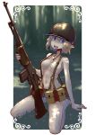  :d absurdres america areola_slip areolae bare_shoulders barefoot blue_eyes blush breasts collarbone convenient_censoring dog_tags elf erica_(naze1940) forest grass groin gun helmet highres holding holding_gun holding_weapon long_hair m1918_bar m1_helmet machine_gun medium_breasts military nature open_mouth original outdoors pointy_ears pouch short_hair sitting smile solo strap teeth thighhighs tongue tongue_out wariza weapon 