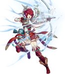  armor arrow bangs boots bow_(weapon) breastplate cozy dress elbow_gloves fire_emblem fire_emblem_heroes fire_emblem_if full_body garter_straps gloves highres hinoka_(fire_emblem_if) holding holding_bow_(weapon) holding_weapon japanese_clothes leg_up looking_away official_art open_mouth quiver red_eyes red_hair scarf short_hair solo thigh_boots thighhighs transparent_background weapon zettai_ryouiki 