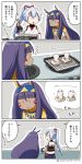  &lt;o&gt;_&lt;o&gt; 2girls 4koma ? animal_ears asaya_minoru bangs bare_shoulders blue_hakama chopsticks comic dark_skin detached_sleeves earrings egyptian egyptian_clothes eyebrows_visible_through_hair facial_mark fate/grand_order fate_(series) food hair_between_eyes hair_ribbon hairband hakama high_ponytail holding holding_chopsticks hoop_earrings jackal_ears japanese_clothes jewelry kimono long_hair long_sleeves medjed mochi multiple_girls nitocris_(fate/grand_order) partially_translated ponytail purple_hair red_ribbon ribbon short_kimono silver_hair sleeveless sleeveless_kimono tomoe_gozen_(fate/grand_order) translation_request twitter_username very_long_hair white_kimono wide_sleeves 