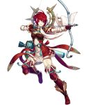  armor arrow bangs boots bow_(weapon) breastplate cozy dress elbow_gloves fire_emblem fire_emblem_heroes fire_emblem_if full_body garter_straps gloves highres hinoka_(fire_emblem_if) holding holding_bow_(weapon) holding_weapon japanese_clothes leg_up looking_away official_art parted_lips quiver red_eyes red_hair scarf short_hair solo thigh_boots thighhighs transparent_background weapon zettai_ryouiki 