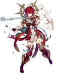  armor arrow bangs boots bow_(weapon) breastplate clenched_teeth cozy dress elbow_gloves fire_emblem fire_emblem_heroes fire_emblem_if full_body garter_straps gloves highres hinoka_(fire_emblem_if) holding holding_bow_(weapon) holding_weapon japanese_clothes looking_away official_art one_eye_closed parted_lips quiver red_eyes red_hair scarf short_dress short_hair sidelocks solo teeth thigh_boots thighhighs torn_clothes transparent_background weapon zettai_ryouiki 