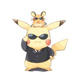  ambiguous_gender clothing dedenne duo eyewear may_(pixiv) nintendo pikachu pok&eacute;mon pok&eacute;mon_(species) simple_background smile suit sunglasses video_games 