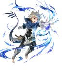  armor aura bandana barefoot brown_eyes child dragon_tail fire_emblem fire_emblem_heroes fire_emblem_if full_body gem gloves grey_hair highres kanna_(fire_emblem_if) kanna_(male)_(fire_emblem_if) kawasumi_mahiro male_focus mamkute official_art open_mouth solo tail teeth transparent_background 