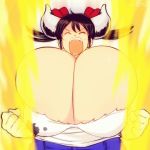  animated animated_gif aura breasts bursting_breasts closed_eyes commentary gigantic_breasts gloves hataraki_ari horns open_mouth original shirt shouting solo sukimi torn_clothes torn_shirt twintails upper_body white_gloves 