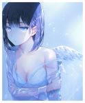 bangs black_hair blue blue_eyes blush border breasts cleavage commentary_request hair_between_eyes highres looking_at_viewer medium_breasts off_shoulder original shirt short_hair single_wing solo strap_slip tears tlla upper_body white_border wings 