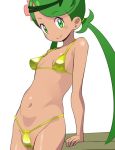  bikini blush_stickers breasts dark_skin flower gold_bikini green_eyes green_hair hair_flower hair_ornament long_hair mao_(pokemon) navel ookamiuo perky_breasts pokemon pokemon_(game) pokemon_sm shiny shiny_clothes simple_background small_breasts smile solo swimsuit trial_captain twintails yellow_bikini 