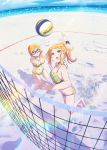  beach beach_volleyball bikini blonde_hair blue_eyes bracelet breasts cloud glasses harukana_receive highres jewelry jumping legs lens_flare medium_breasts multiple_girls navel o-ring o-ring_bikini ocean official_art open_mouth outstretched_arm ponytail sand semi-rimless_eyewear siblings sisters sky swimsuit thomas_claire thomas_emily volleyball_net watch 