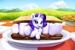  2018 cloud digital_media_(artwork) equine eyeshadow female feral food friendship_is_magic hair hooves horn makeup mammal my_little_pony open_mouth outside pie rarity_(mlp) solo tsitra360 unicorn 