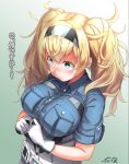  absurdres blonde_hair blue_eyes blue_shirt breasts collared_shirt commentary_request gambier_bay_(kantai_collection) hairband highres kantai_collection large_breasts long_hair shirt short_sleeves soba_chatarou_(tita) solo translation_request twintails upper_body 