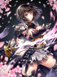  armor armored_dress bangs black_armor black_dress black_gloves black_hair black_legwear bow breasts cherry_blossoms cleavage commentary_request dress erika_(shadowverse) eyebrows_visible_through_hair flower gloves hakuda_tofu holding holding_sword holding_weapon katana large_breasts looking_at_viewer parted_lips petals pink_flower purple_eyes shadowverse short_dress short_hair solo sword thighhighs v-shaped_eyebrows vambraces weapon white_bow 