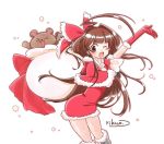  &gt;_&lt; :d ;d ahoge arm_up artist_name bangs bear blush brown_eyes brown_hair capelet christmas dress elbow_gloves eyebrows eyebrows_visible_through_hair fur_trim gloves hair_intakes holding holding_sack huge_ahoge kantai_collection kuma_(kantai_collection) long_hair looking_at_viewer one_eye_closed open_mouth outline over_shoulder pink_outline red_capelet red_dress red_gloves rikuo_(whace) sack santa_costume short_dress simple_background smile solo teeth tongue white_background 