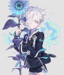  blue_fire fire flower freckles gokotai hair_over_one_eye kiwame_(touken_ranbu) male_focus military military_uniform pota_(bluegutty) shorts smile sunflower touken_ranbu uniform white_hair yellow_eyes 