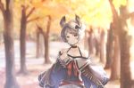  autumn_leaves bangs bare_shoulders blurry blush closed_mouth collarbone commentary_request day depth_of_field erune eyebrows_visible_through_hair granblue_fantasy grey_eyes grey_hair hand_up highres long_sleeves looking_at_viewer mole mole_under_mouth myusha outdoors short_hair smile solo sutera_(granblue_fantasy) 