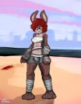  2017 4_toes absurd_res anthro bandage barefoot biped blood blue_eyes breasts brown_ears brown_fur bruised clothed clothing detailed_background digital_media_(artwork) digital_painting_(artwork) dirtyscoundrel female front_view fur hair hi_res lagomorph mammal outside rabbit red_hair signature sky solo standing toes wounded 