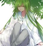  androgynous animal bangs citron_82 collarbone commentary_request dappled_sunlight enkidu_(fate/strange_fake) eyebrows_visible_through_hair fate/strange_fake fate_(series) green_eyes green_hair grey_pants grin half-closed_eyes knees_up long_hair long_sleeves looking_at_animal pants petting raised_eyebrows robe simple_background sitting smile sunlight tree tree_shade under_tree very_long_hair white_background white_robe white_wolf wolf 