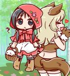  &gt;_&lt; :&lt; :d ? animal_ears basket big_bad_wolf big_bad_wolf_(cosplay) black_eyes black_hair boots breasts chito_(shoujo_shuumatsu_ryokou) commentary_request cosplay crop_top fang holding holding_basket little_red_riding_hood little_red_riding_hood_(grimm) little_red_riding_hood_(grimm)_(cosplay) long_hair medium_breasts mix_yukina multiple_girls nuko_(shoujo_shuumatsu_ryokou) open_mouth red_hood shorts shoujo_shuumatsu_ryokou skirt smile tail thighhighs twintails wolf_ears wolf_paws wolf_tail yuuri_(shoujo_shuumatsu_ryokou) 