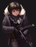  brown_eyes brown_hair curly_hair fur-trimmed_jacket fur_trim gloves gun holding holding_gun holding_weapon jacket original pouch seung_mo_kim short_hair simple_background solo sterling_smg submachine_gun tag weapon 