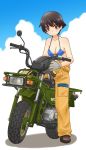  bangs black_footwear blue_bikini_top breasts brown_eyes brown_hair cleavage closed_mouth clothes_around_waist cloud cloudy_sky commentary_request day full_body girls_und_panzer gloves grey_gloves ground_vehicle helmet holding honda_motra jumpsuit looking_at_viewer mechanic medium_breasts motor_vehicle motorcycle nakajima_(girls_und_panzer) on_motorcycle outdoors shadow shirt_around_waist shoes short_hair sitting sky smile solo uona_telepin white_background 