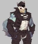  2018 abs anthro biceps black_nose canine clothed clothing digital_media_(artwork) eye_patch eyewear fur hat male mammal muscular muscular_male null-ghost pirate simple_background solo wolf 