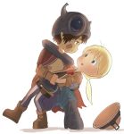  cape ccandids dancing gloves green_eyes headwear_removed helmet helmet_removed looking_at_each_other made_in_abyss regu_(made_in_abyss) riko_(made_in_abyss) smile 