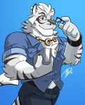  2018 anthro blue_background clothed clothing eyewear feline fur glasses hi_res hikazedragon lin_hu male mammal muscular muscular_male nekojishi simple_background tiger 