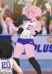  6+boys animal_head ashido_mina bakugou_katsuki bare_shoulders black_legwear blue_eyes blurry blurry_background blurry_foreground blush boku_no_hero_academia cheering closed_eyes commentary_request depth_of_field elbow_pads hagakure_tooru highres horns invisible jirou_kyouka justin_leyva_(steamy_tomato) kaminari_denki kirishima_eijirou knee_pads kneehighs leaning_back mineta_minoru multiple_boys multiple_girls ojiro_mashirao photo-referenced pink_hair red_skin shirt short_hair shouji_mezou signature smile sportswear standing todoroki_shouto tokoyami_fumikage volleyball_uniform white_shirt yaoyorozu_momo yoshimura_shiho 