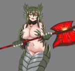  :d axe bare_shoulders breasts brown_eyes claws commentary cursed_sword_(monster_girl_encyclopedia) english_commentary fangs green_hair grey_background hair_between_eyes head_fins highres horns lamia large_breasts long_hair looking_at_viewer monster_girl monster_girl_encyclopedia nav navel open_mouth paws scales simple_background smile solo teeth weapon wurm_(monster_girl_encyclopedia) 