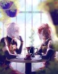  armor brown_hair closed_eyes coffee commentary_request fingerless_gloves gloves granblue_fantasy hanging_plant highres lucifer_(shingeki_no_bahamut) male_focus multiple_boys myusha sandalphon_(granblue_fantasy) short_hair smile table white_hair 