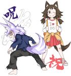  absurdres angry animal_ears backpack bag bandaid bandaid_on_knee barefoot blush brown_eyes brown_hair closed_mouth clothes_around_waist dog_child_(doitsuken) dog_ears dog_girl_(doitsuken) dog_tail doitsuken fang grey_pants hair_bobbles hair_ornament highres jacket_around_waist knee_blush legs_apart looking_at_viewer looking_back low_twintails multiple_girls one_eye_closed open_mouth original pants pink_footwear pleated_skirt purple_hair red_eyes red_skirt shirt shoes short_hair simple_background skirt smile tail torn_clothes translation_request twintails white_background white_shirt wide-eyed 