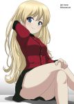  alternate_hairstyle arm_behind_head bangs bare_legs black_skirt blonde_hair blue_eyes closed_mouth commentary crossed_legs darjeeling dated epaulettes excel_(shena) eyebrows_visible_through_hair girls_und_panzer hair_down hand_in_hair hand_on_own_knee highres jacket legs long_hair long_sleeves looking_at_viewer military military_jacket military_uniform miniskirt pleated_skirt red_jacket shadow sitting skirt smile solo st._gloriana's_military_uniform thighs twitter_username uniform white_background 