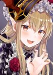  absurdres bangs black_dress brown_eyes brown_hair commentary_request dress eyebrows_visible_through_hair fangs frills gao granblue_fantasy grey_background hair_between_eyes hairband hand_up highres huge_filesize long_hair looking_at_viewer myusha open_mouth shingeki_no_bahamut sidelocks simple_background smile solo upper_body vampy 