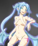  1girl blue_eyes blue_hair breasts crotch_plate glowing horns mon-musu_quest! monster_girl morrigan_(mon-musu_quest!) navel open_mouth pointy_ears revealing_clothes short_hair small_breasts smile solo succubus tail tattoo wings 