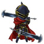  ainz_ooal_gown armor armored_boots blackgeneride boots cape chibi dual_wielding full_armor full_body gauntlets helmet highres holding holding_sword holding_weapon male_focus overlord_(maruyama) red_cape solo sword watermark weapon 