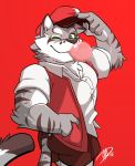  2018 anthro bubble_gum clothed clothing fur hat hikazedragon leopard_cat male mammal nekojishi one_eye_closed red_background shu-chi simple_background smile wink 