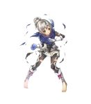  barefoot clenched_teeth crystal fire_emblem fire_emblem_heroes fire_emblem_if full_body gloves hair_bun highres kanna_(female)_(fire_emblem_if) kanna_(fire_emblem_if) looking_to_the_side miwabe_sakura official_art pointy_ears scarf silver_hair solo teeth toeless_legwear toes torn_clothes transparent_background 