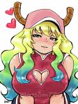  alternate_costume baseball_cap blonde_hair blossomppg blush breasts chinese_clothes cleavage_cutout dragon_horns eyebrows_visible_through_hair gradient_hair green_eyes green_hair hat heart_cutout heterochromia horns kobayashi-san_chi_no_maidragon large_breasts long_hair multicolored_hair quetzalcoatl_(maidragon) 