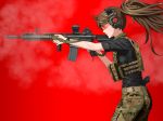  assault_rifle brown_hair camouflage ear_protection gun handgun load_bearing_vest m4_sopmod_i original pistol ponytail red_background rifle shirt shooting_glasses solo t-shirt weapon yamamoto_nanashiki 