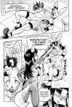  2018 anthro breasts canine cleavage cleavage_cutout clothed clothing comic daigaijin dialogue duo english_text female fox furryfight_chronicles kalita_(furryfight_chronicles) lagomorph mammal monochrome muko rabbit text 