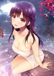  :d absurdres alpha_(yukai_na_nakamatachi) arm_support breasts brown_eyes brown_hair cleavage collarbone day flower highres long_hair medium_breasts naked_towel onsen open_mouth outdoors red_flower sitting smile solo toranoana towel water wet white_towel 