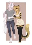  5_fingers anthro barefoot blue_eyes canine clothed clothing digital_media_(artwork) digitigrade duo female fur hair heterochromia kyotokisha15 male mammal orange_eyes red_eyes smile tan_fur white_fur white_hair wolf 