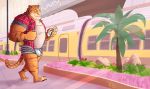  anthro biceps brown_fur bulge cellphone clothed clothing detailed_background disney feline fur male mammal muscular open_shirt phone pink_nose shirt shorts solo stripes tiger tiger_dancer_(zootopia) underwear unknown_artist walking white_fur zootopia zootopia_shorts 