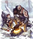  3boys absurdres arrow artist_name asymmetrical_clothes atreus bald beard blue_eyes boots bow_(weapon) brown_hair campfire copyright_name eating facial_hair father_and_son fingerless_gloves fire food gamza gloves glowing glowing_eye god_of_war highres horns kratos log meat mimir multiple_boys pale_skin pelt quiver rock severed_head short_hair shoulder_armor sitting snow tattoo tree very_short_hair weapon wristband 