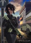  ar-15 black_hair borrowed_character flare folded_ponytail gloves gun highres holding holding_gun holding_weapon holster holstered_weapon hood hoodie load_bearing_vest original outdoors red_eyes rifle signature solo tealguardianart trigger_discipline twitter_username weapon 