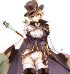  apt ascot belt between_fingers black_footwear black_hat blonde_hair boots cape chat_noir_(granblue_fantasy) closed_mouth corset cowboy_shot elbow_gloves genderswap genderswap_(mtf) gloves granblue_fantasy green_eyes groin hair_between_eyes hand_up hat head_tilt highres holding holding_staff monocle short_hair shoulder_armor signature simple_background smile solo staff standing thigh_boots thighhighs thighhighs_under_boots top_hat tsurime vambraces white_background white_cape white_gloves white_legwear white_neckwear yellow-framed_eyewear 