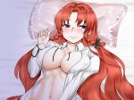  bed blue_eyes blush bow braid breasts collared_shirt commentary_request hair_bow highres hong_meiling kuranosuke large_breasts long_hair lying navel on_back pillow red_hair shirt smile touhou unbuttoned unbuttoned_shirt very_long_hair 
